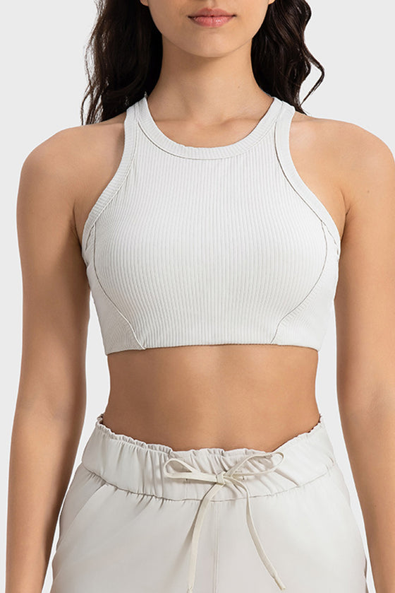 LC264663-P1-S, LC264663-P1-M, LC264663-P1-L, LC264663-P1-XL, White Solid Color Ribbed Push up Sports Active Bra