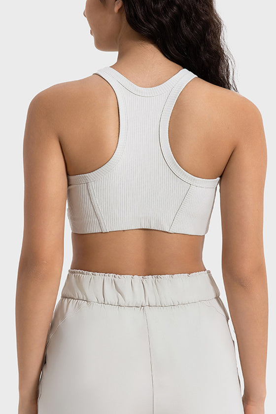 LC264663-P1-S, LC264663-P1-M, LC264663-P1-L, LC264663-P1-XL, White Solid Color Ribbed Push up Sports Active Bra