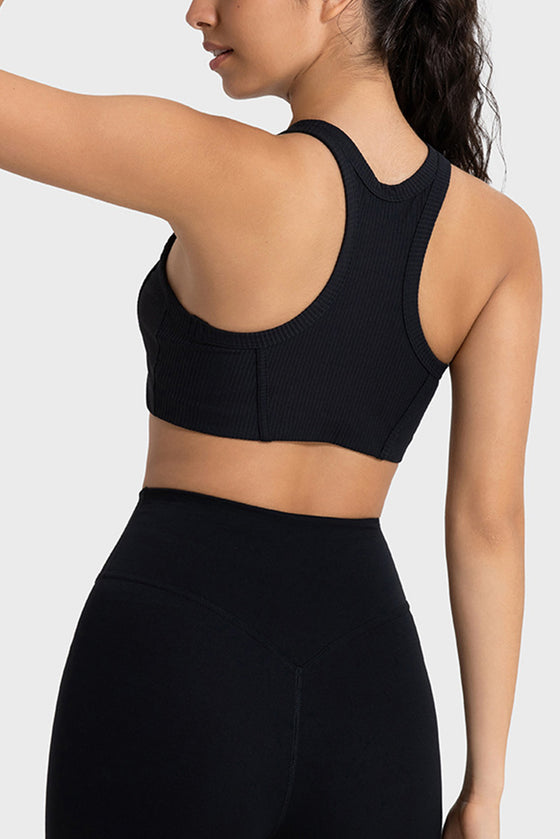 LC264663-P2-S, LC264663-P2-M, LC264663-P2-L, LC264663-P2-XL, Black Solid Color Ribbed Push up Sports Active Bra