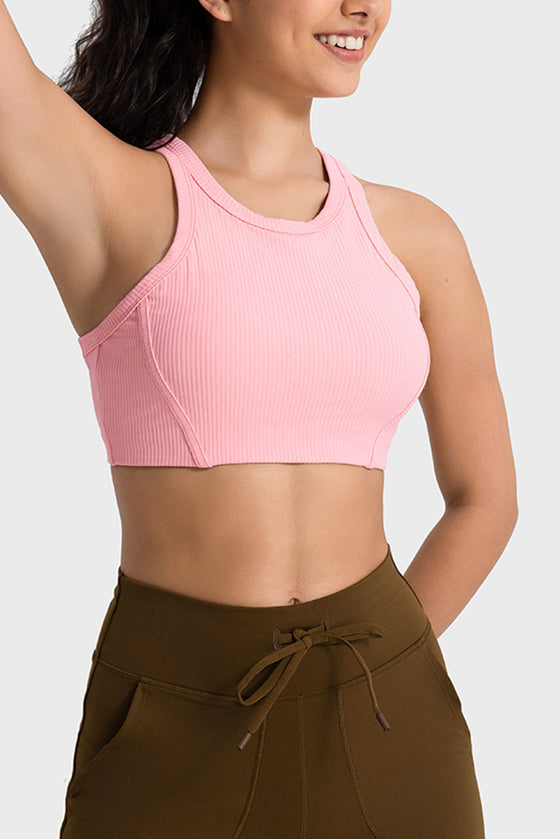 LC264663-P10-S, LC264663-P10-M, LC264663-P10-L, LC264663-P10-XL, Pink Solid Color Ribbed Push up Sports Active Bra