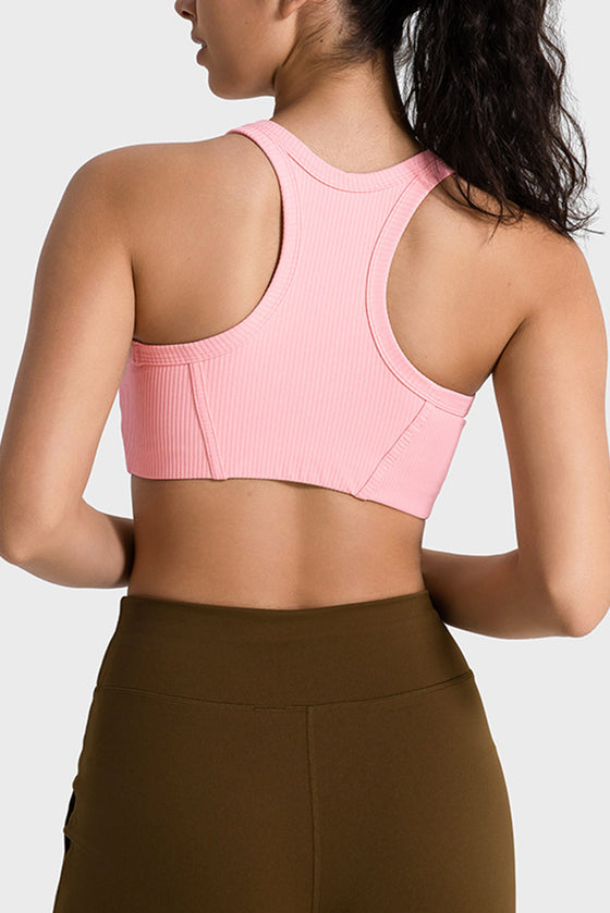 LC264663-P10-S, LC264663-P10-M, LC264663-P10-L, LC264663-P10-XL, Pink Solid Color Ribbed Push up Sports Active Bra