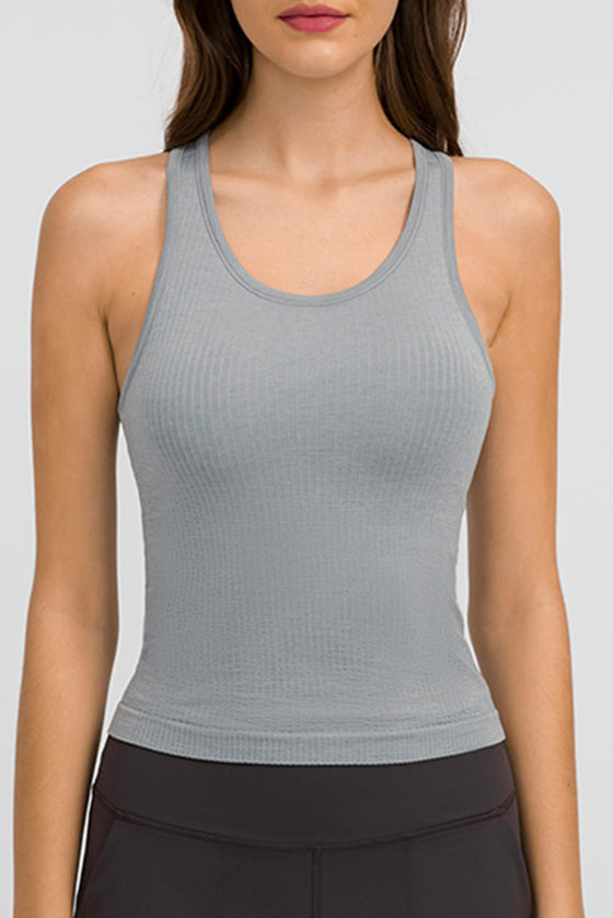PACK264665-P3011-1, Medium Grey Solid Color Ribbed U Neck Sports Tank Top