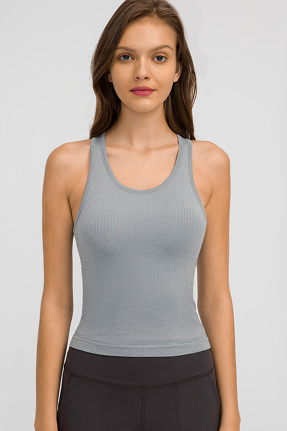 PACK264665-P3011-1, Medium Grey Solid Color Ribbed U Neck Sports Tank Top