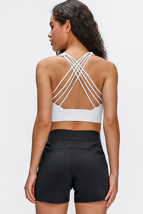LC264666-P1-S, LC264666-P1-M, LC264666-P1-L, LC264666-P1-XL, White Criss Cross Straps Back Push up Sports Active Bra