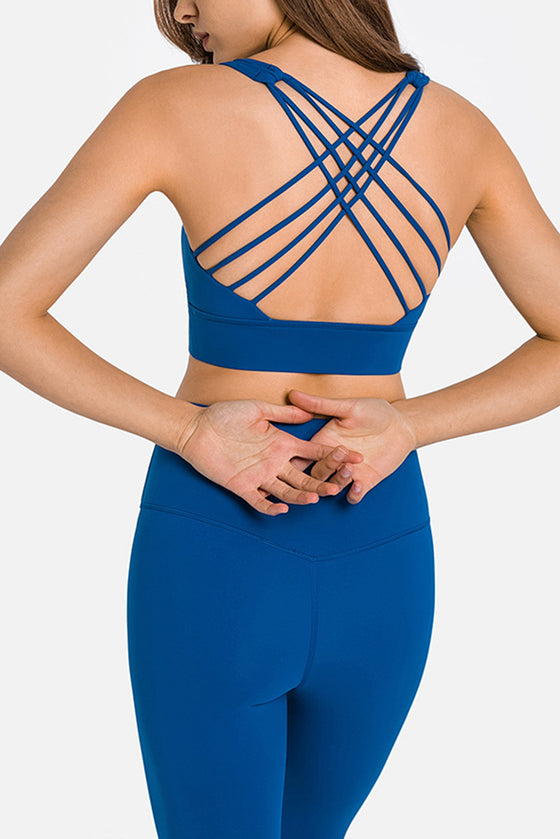LC264666-P205-S, LC264666-P205-M, LC264666-P205-L, LC264666-P205-XL, Sky Blue Criss Cross Straps Back Push up Sports Active Bra