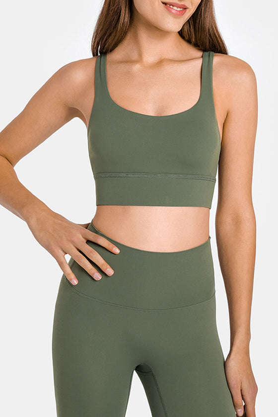 LC264666-P1609-S, LC264666-P1609-M, LC264666-P1609-L, LC264666-P1609-XL, Moss Green Criss Cross Straps Back Push up Sports Active Bra