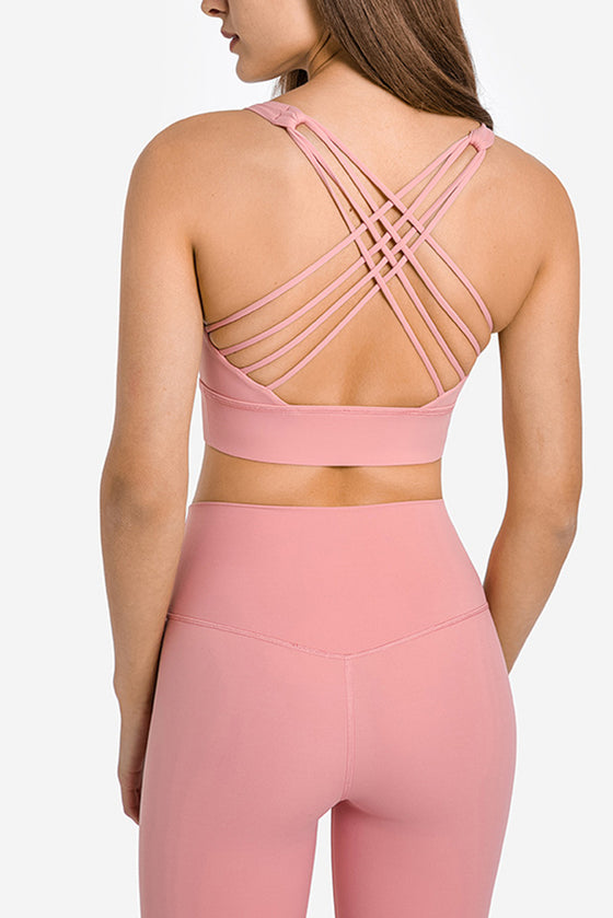 LC264666-P8010-S, LC264666-P8010-M, LC264666-P8010-L, LC264666-P8010-XL, Rose Tan Criss Cross Straps Back Push up Sports Active Bra