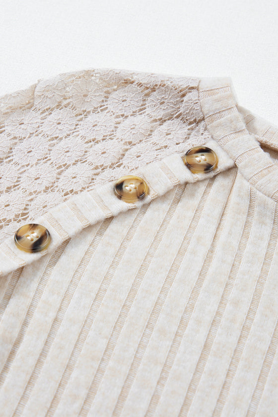 PACK25223434-P6016-1, Parchment Contrast Lace Raglan Sleeve Buttoned Ribbed Top