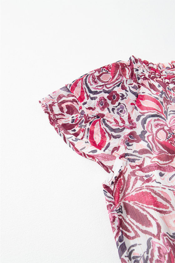 PACK25126218-P122-1, White Floral Ruffled Short Sleeve V Neck Blouse