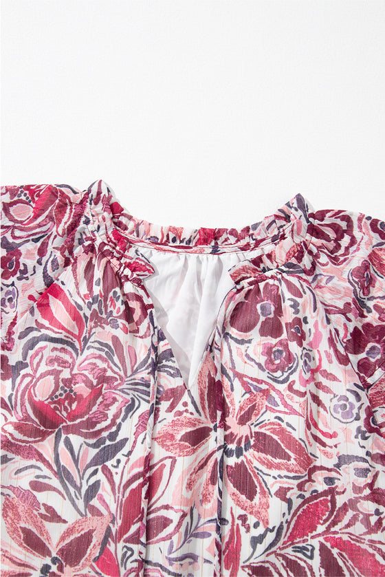 PACK25126218-P122-1, White Floral Ruffled Short Sleeve V Neck Blouse