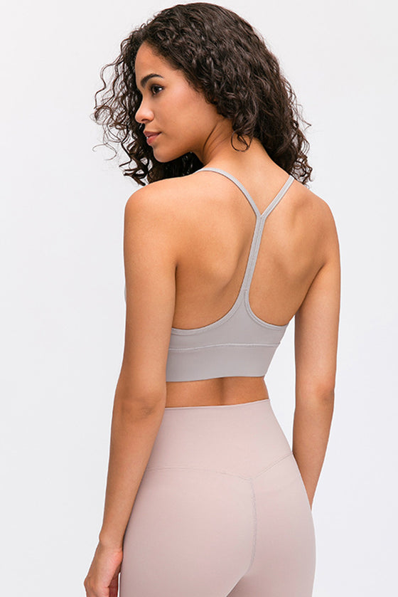 LC264655-P1011-S, LC264655-P1011-M, LC264655-P1011-L, LC264655-P1011-XL, Light Grey Sexy Y Straps Sports Bra