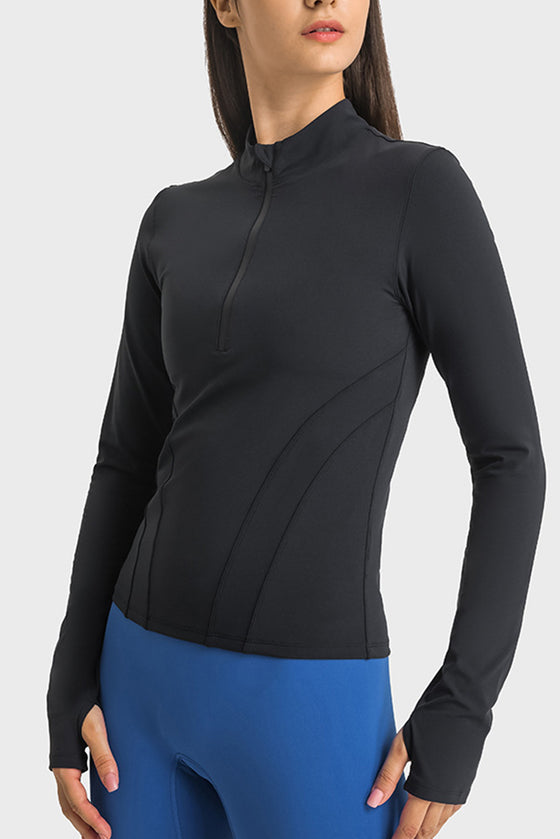 LC264659-P2-S, LC264659-P2-M, LC264659-P2-L, LC264659-P2-XL, Black Half Zipper Long Sleeve Slim Fit Active Top