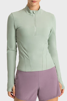  LC264659-P2009-S, LC264659-P2009-M, LC264659-P2009-L, LC264659-P2009-XL, Meadow Mist Green Half Zipper Long Sleeve Slim Fit Active Top