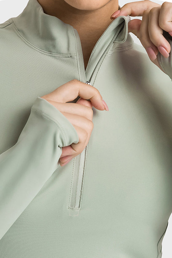 LC264659-P2009-S, LC264659-P2009-M, LC264659-P2009-L, LC264659-P2009-XL, Meadow Mist Green Half Zipper Long Sleeve Slim Fit Active Top