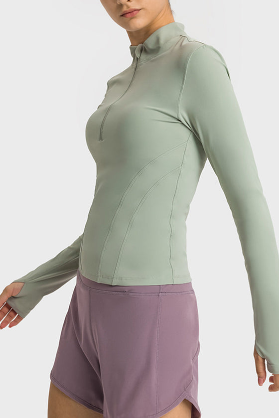 LC264659-P2009-S, LC264659-P2009-M, LC264659-P2009-L, LC264659-P2009-XL, Meadow Mist Green Half Zipper Long Sleeve Slim Fit Active Top