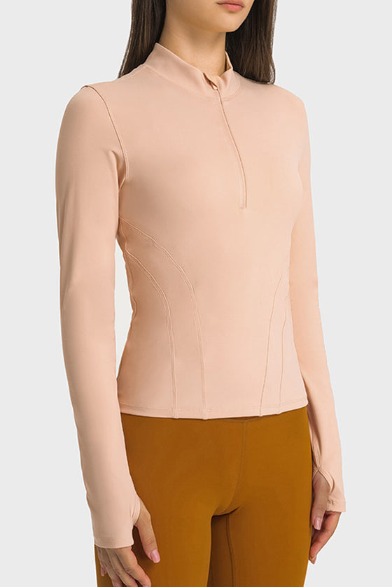 LC264659-P2010-S, LC264659-P2010-M, LC264659-P2010-L, LC264659-P2010-XL, Apricot Pink Half Zipper Long Sleeve Slim Fit Active Top