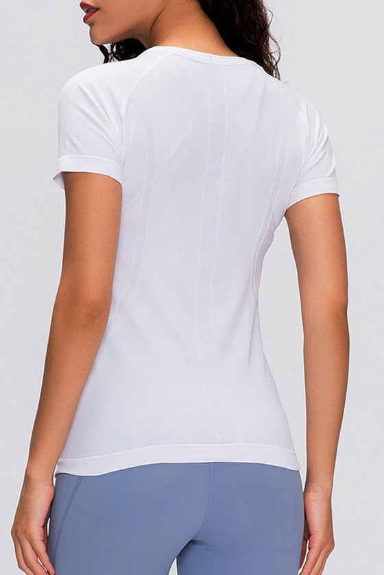 LC264661-P1-S, LC264661-P1-M, LC264661-P1-L, LC264661-P1-XL, White Solid Color Crew Neck Yoga Active Short Sleeve Top