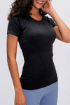 LC264661-P2-S, LC264661-P2-M, LC264661-P2-L, LC264661-P2-XL, Black Solid Color Crew Neck Yoga Active Short Sleeve Top
