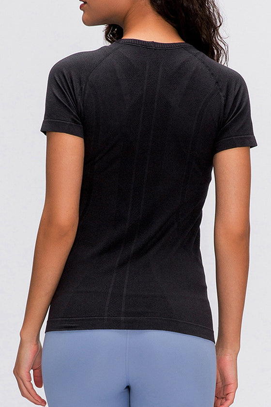 LC264661-P2-S, LC264661-P2-M, LC264661-P2-L, LC264661-P2-XL, Black Solid Color Crew Neck Yoga Active Short Sleeve Top