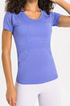 LC264661-P408-S, LC264661-P408-M, LC264661-P408-L, LC264661-P408-XL, Lilac Solid Color Crew Neck Yoga Active Short Sleeve Top