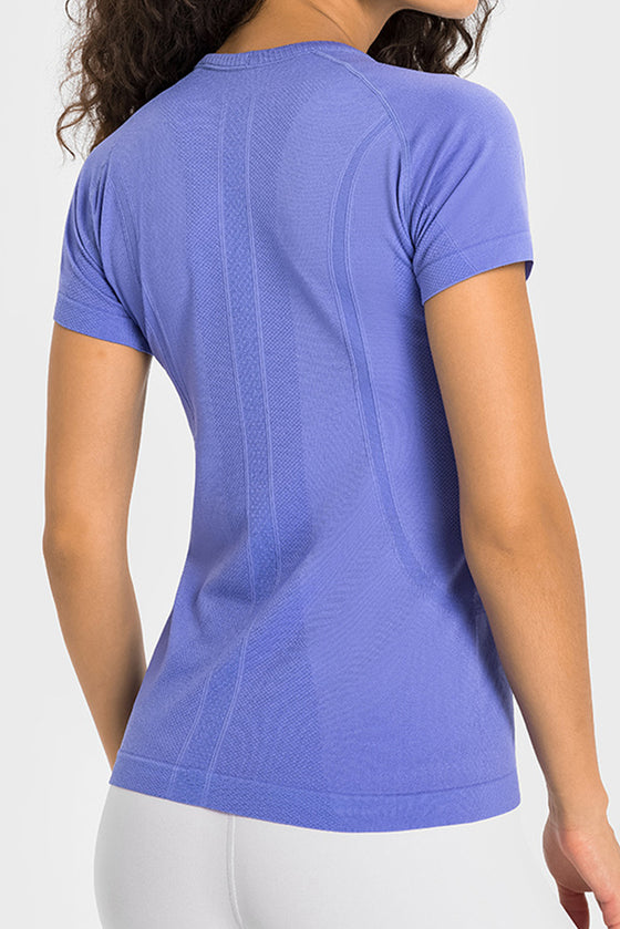 LC264661-P408-S, LC264661-P408-M, LC264661-P408-L, LC264661-P408-XL, Lilac Solid Color Crew Neck Yoga Active Short Sleeve Top