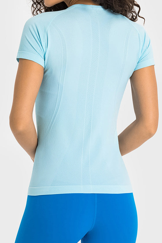 LC264661-P804-S, LC264661-P804-M, LC264661-P804-L, LC264661-P804-XL, Beau Blue Solid Color Crew Neck Yoga Active Short Sleeve Top