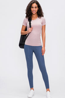  LC264661-P1010-S, LC264661-P1010-M, LC264661-P1010-L, LC264661-P1010-XL, Light Pink Solid Color Crew Neck Yoga Active Short Sleeve Top