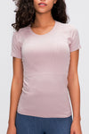 LC264661-P1010-S, LC264661-P1010-M, LC264661-P1010-L, LC264661-P1010-XL, Light Pink Solid Color Crew Neck Yoga Active Short Sleeve Top