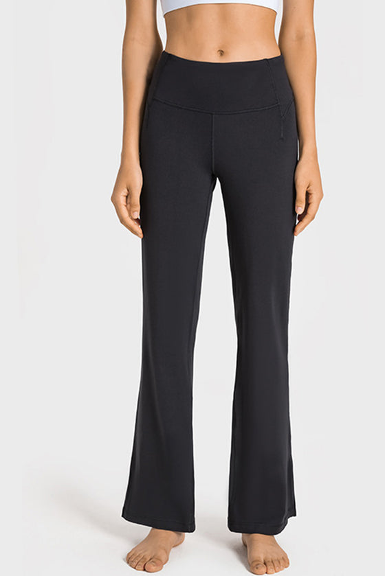 LC265449-P2-S, LC265449-P2-M, LC265449-P2-L, LC265449-P2-XL, Black Solid Color High Waist Wide Leg Active Pants