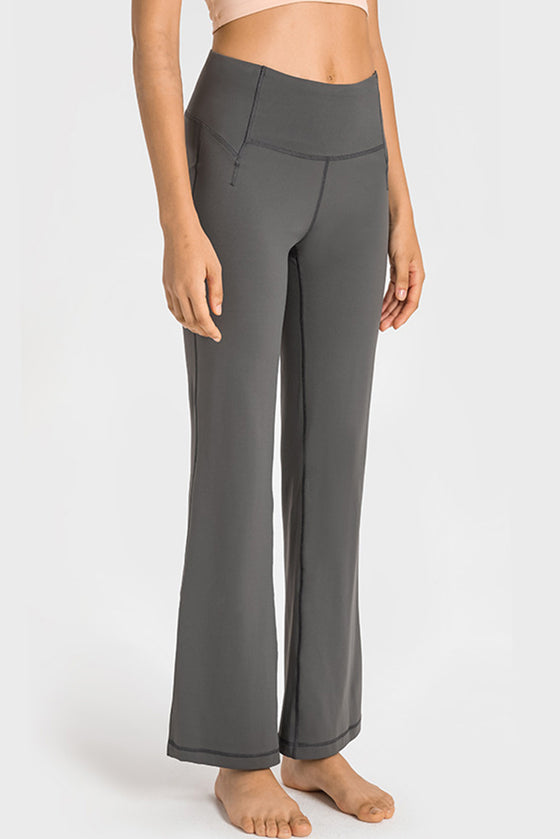 LC265449-P1309-S, LC265449-P1309-M, LC265449-P1309-L, LC265449-P1309-XL, Duffel Green Solid Color High Waist Wide Leg Active Pants