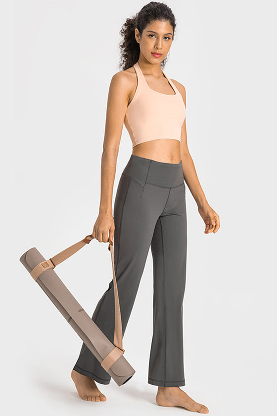 LC265449-P1309-S, LC265449-P1309-M, LC265449-P1309-L, LC265449-P1309-XL, Duffel Green Solid Color High Waist Wide Leg Active Pants