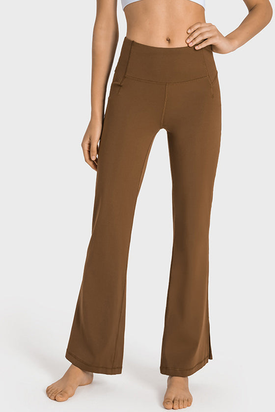 LC265449-P2017-S, LC265449-P2017-M, LC265449-P2017-L, LC265449-P2017-XL, Chestnut Solid Color High Waist Wide Leg Active Pants