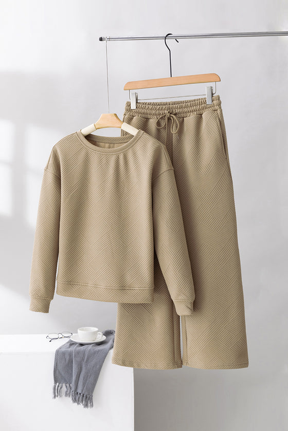 LC625266-P5016-S, LC625266-P5016-M, LC625266-P5016-L, LC625266-P5016-XL, LC625266-P5016-2XL, Khaki  Ultra Loose Textured 2pcs Slouchy Outfit