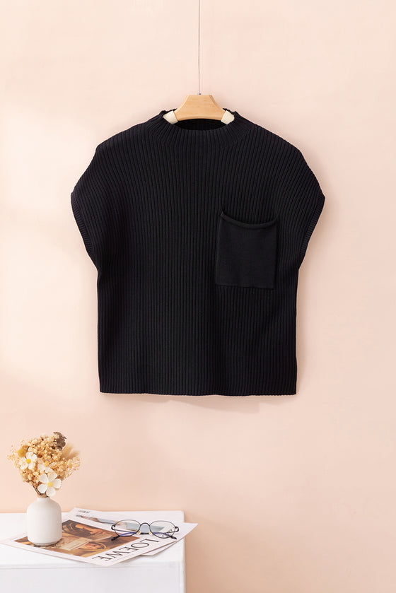 PACK2724250-P2-2, Black Patch Pocket Ribbed Knit Short Sleeve Sweater