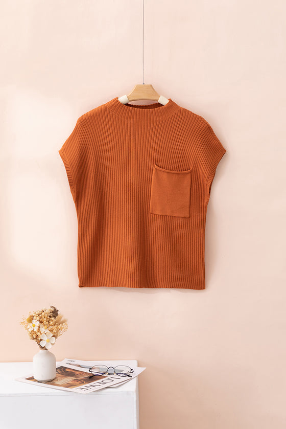 PACK2724250-P5014-1, Gold Flame Patch Pocket Ribbed Knit Short Sleeve Sweater