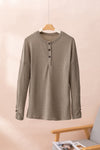 PACK25223369-P5016-1, Pale Khaki Rib Textured Henley Knit Top