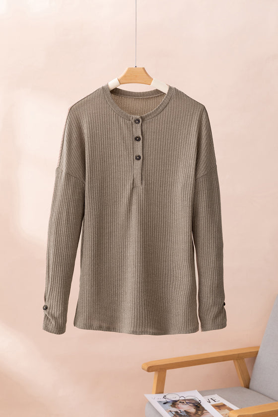 PACK25223369-P5016-1, Pale Khaki Rib Textured Henley Knit Top