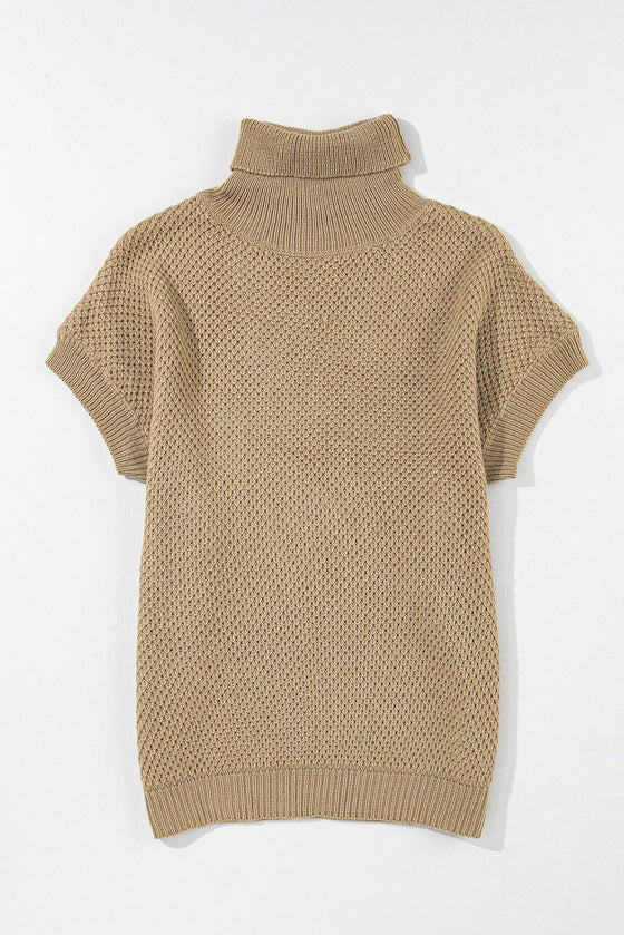PACK2724435-P5016-1, Pale Khaki Turtleneck Textured Short Sleeve Sweater