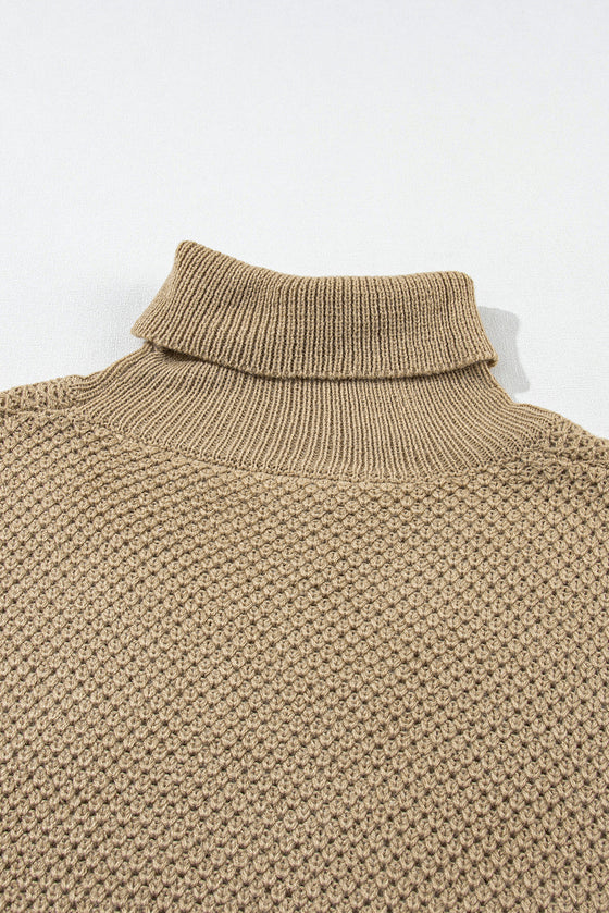 PACK2724435-P5016-1, Pale Khaki Turtleneck Textured Short Sleeve Sweater