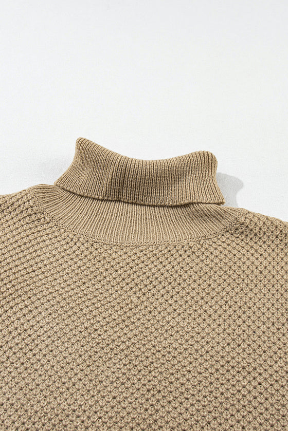 PACK2724435-P5016-1, Pale Khaki Turtleneck Textured Short Sleeve Sweater