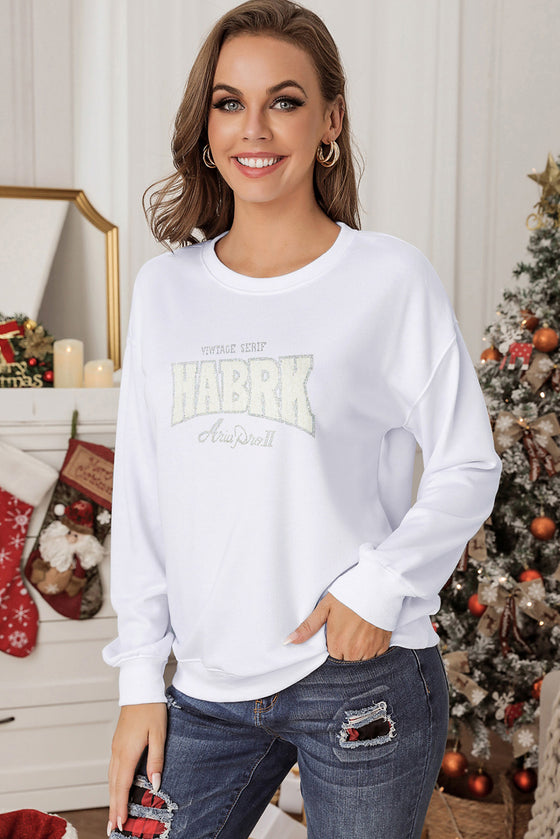 LC25317188-1-S, LC25317188-1-M, LC25317188-1-L, LC25317188-1-XL, PACK25317188-1-1, White Rhinestone Embellished HABRK Letter Graphic Sweatshirt