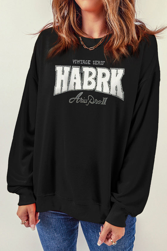 LC25317188-2-S, LC25317188-2-M, LC25317188-2-L, LC25317188-2-XL, PACK25317188-2-1, Black Rhinestone Embellished HABRK Letter Graphic Sweatshirt