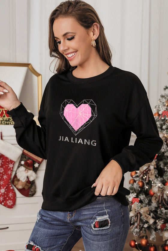 LC25317186-2-S, LC25317186-2-M, LC25317186-2-L, LC25317186-2-XL, PACK25317186-2-1, Black JIA LIANG Heart-shape Diamond Sweatshirt