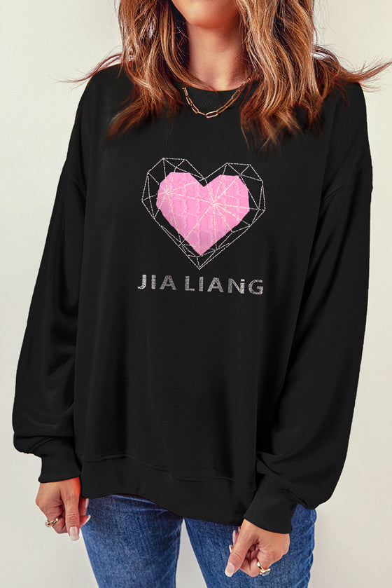 LC25317186-2-S, LC25317186-2-M, LC25317186-2-L, LC25317186-2-XL, PACK25317186-2-1, Black JIA LIANG Heart-shape Diamond Sweatshirt