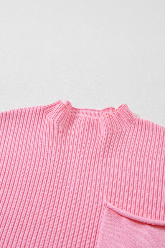 PACK2724250-P10-1, Pink Patch Pocket Ribbed Knit Short Sleeve Sweater
