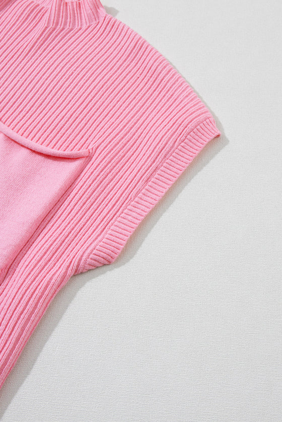 PACK2724250-P10-1, Pink Patch Pocket Ribbed Knit Short Sleeve Sweater
