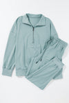 PACK15649-P104-1, Iceland Blue Solid Half Zipped Drawstring High Waist Lounge Set