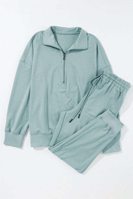 PACK15649-P104-1, Iceland Blue Solid Half Zipped Drawstring High Waist Lounge Set