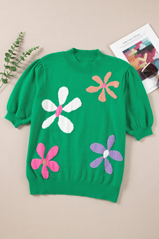 PACK277118-P109-1, Bright Green Floral Bubble Short Sleeve Sweater