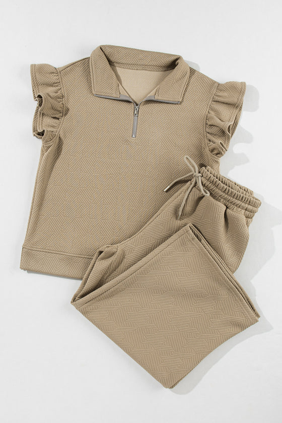 PACK625514-P5016-1, Pale Khaki Textured Flutter Sleeve Top Wide Leg Pants Set